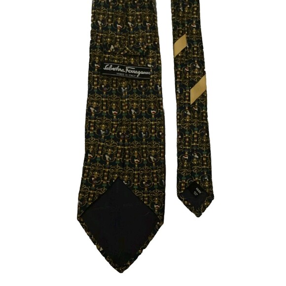Salvatore Ferragamo Necktie Red Green Gold Ornate Bird Design on Navy Blue Rare - Picture 5 of 5